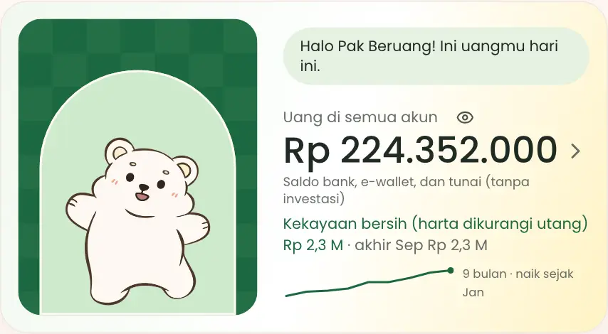 Kotak sambutan dengan uang di semua akun, ikon mata, dan garis kekayaan