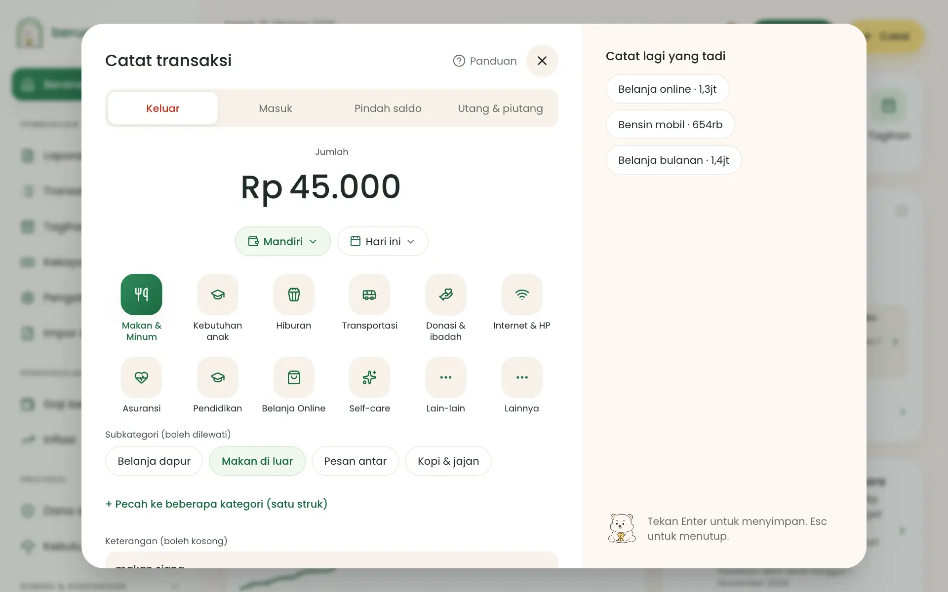 Formulir Catat terisi dengan kategori yang ditebak