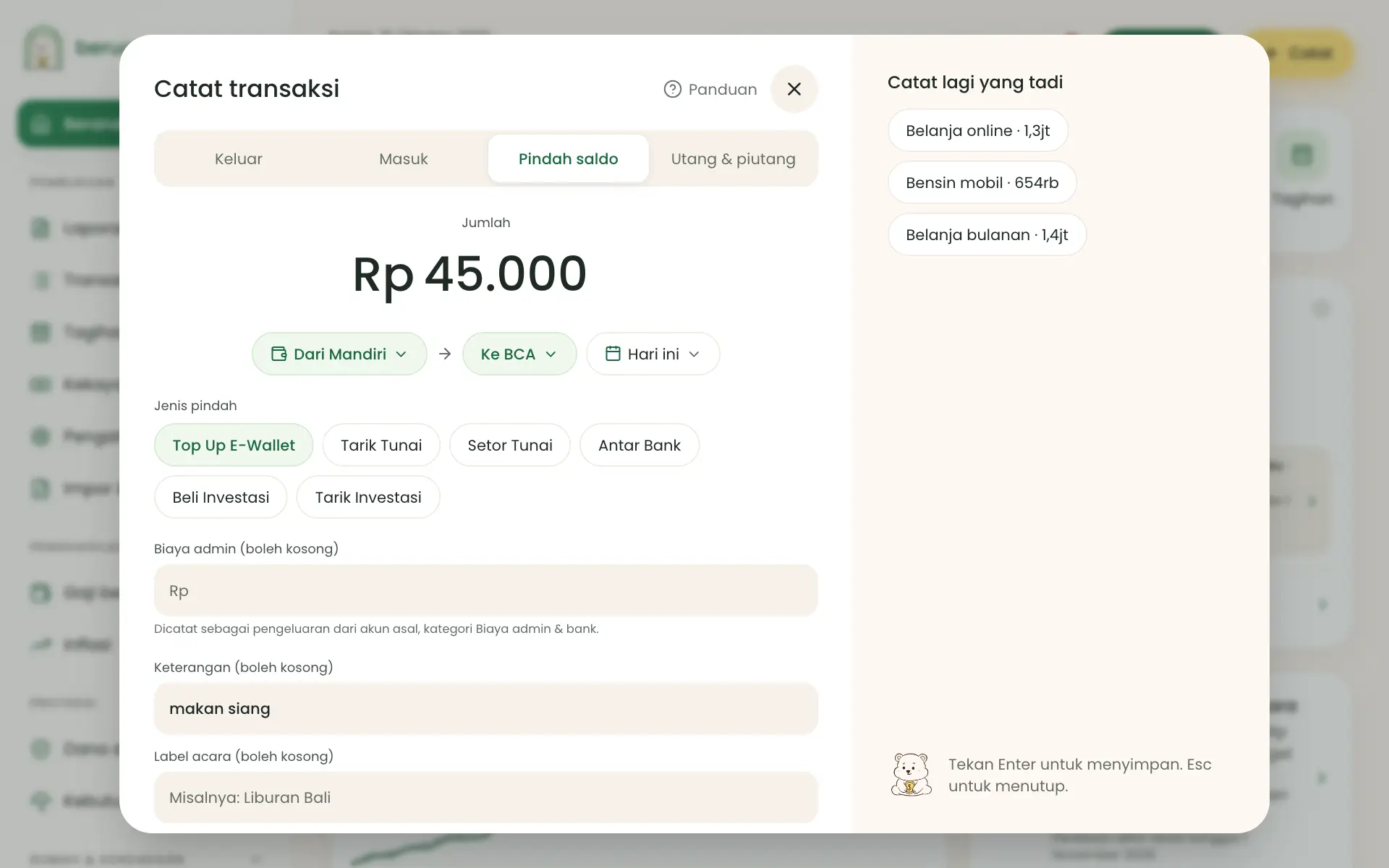 Formulir Catat dengan jenis Pindah saldo