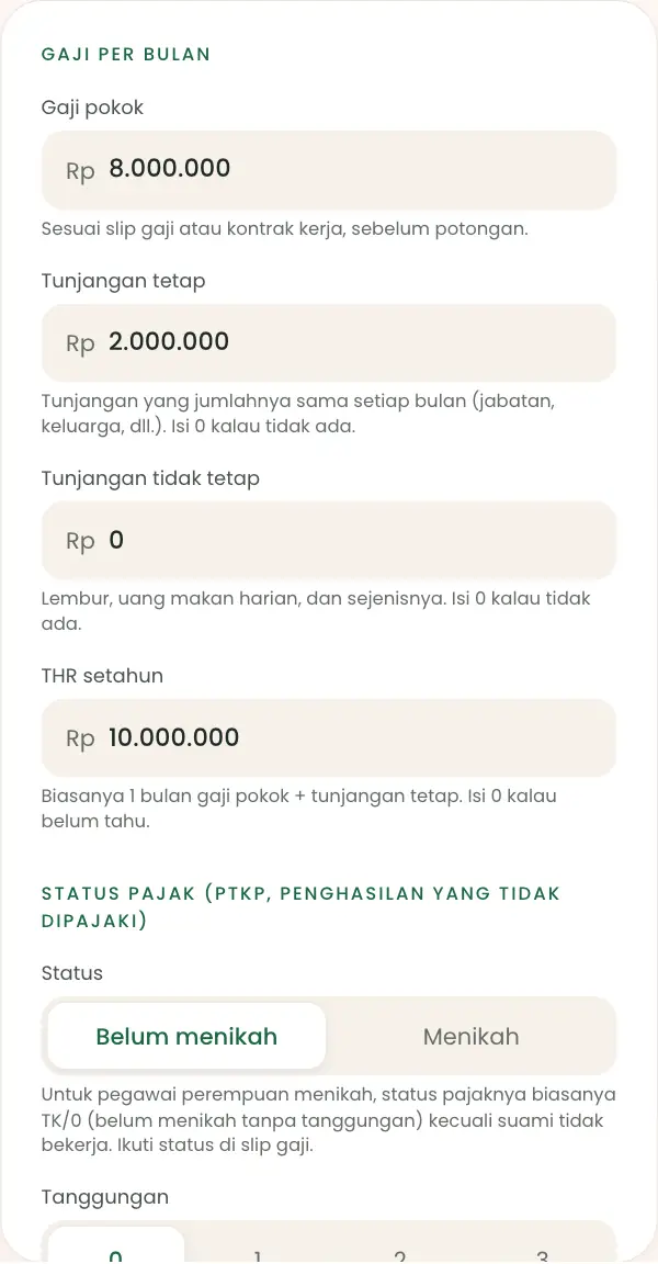 Isian gaji pokok, tunjangan, THR, dan status pajak