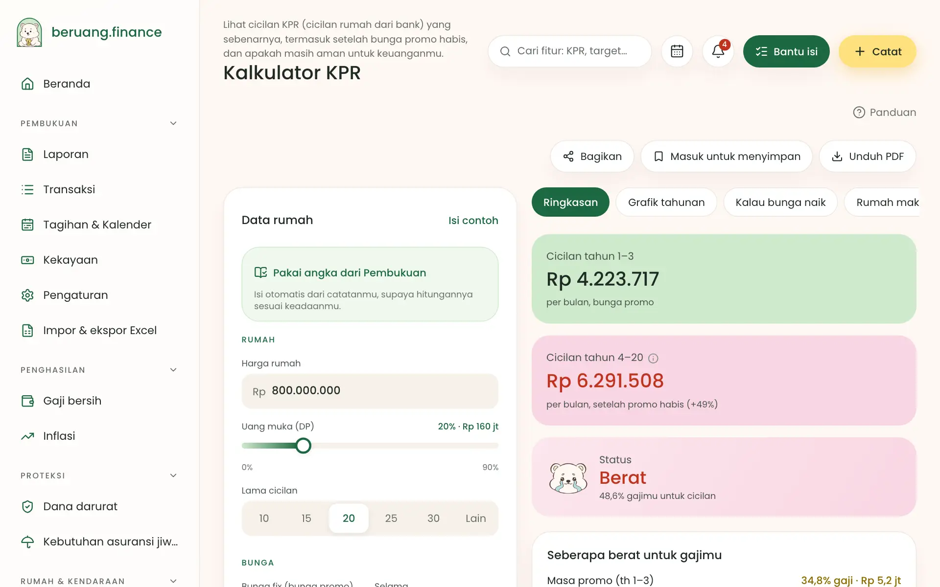 Halaman hitungan dengan isian di kiri dan hasil di kanan
