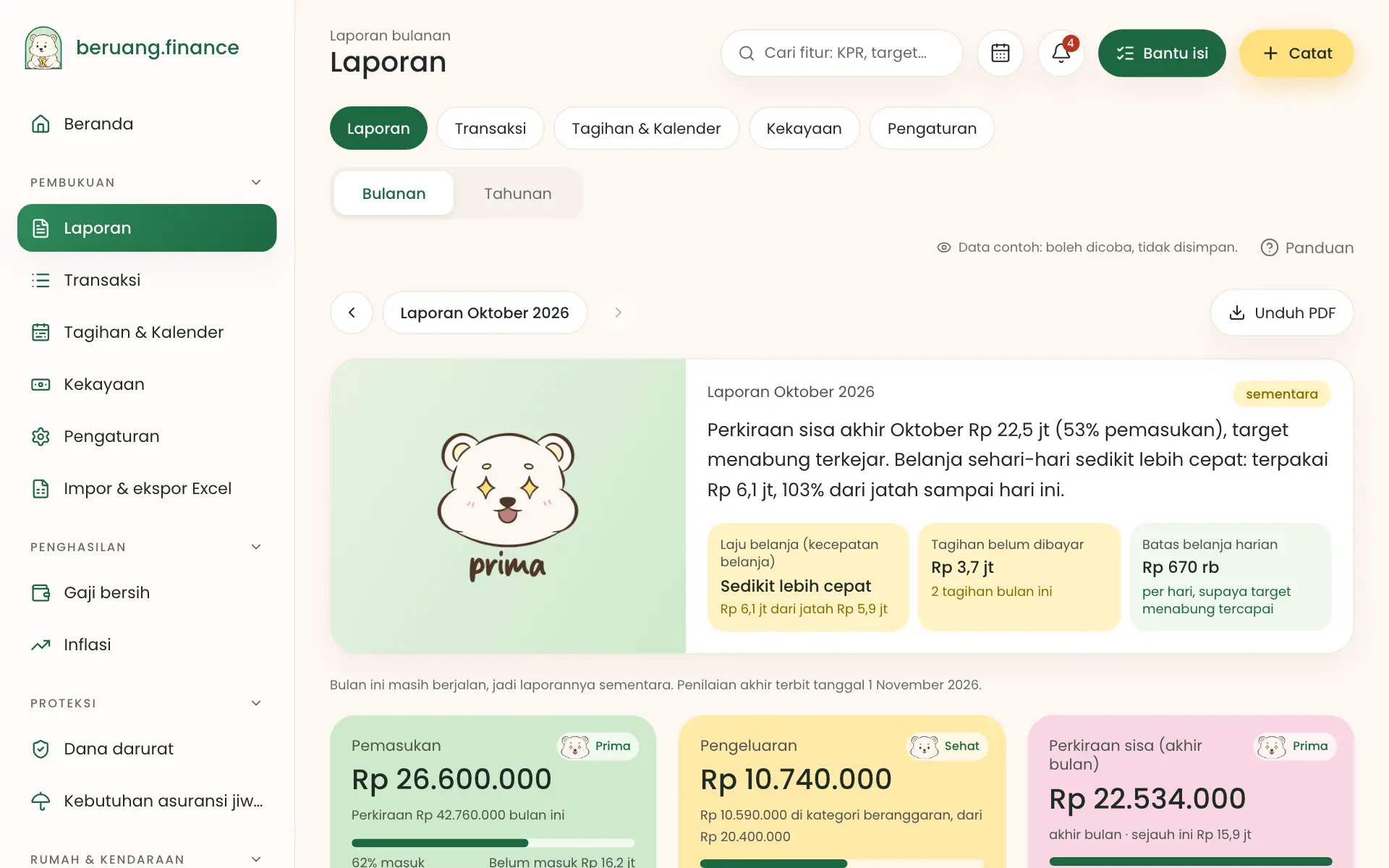 Laporan bulan berjalan dengan status beruang dan tiga kartu