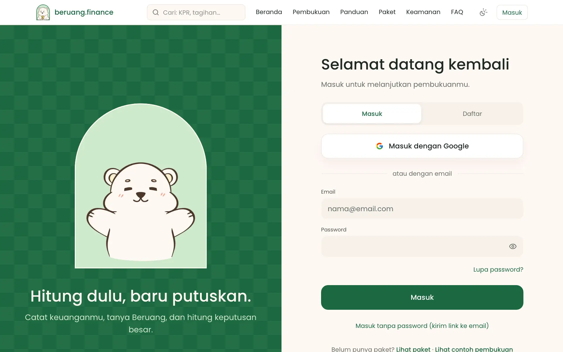 Halaman Masuk dengan pilihan Google, email dan password