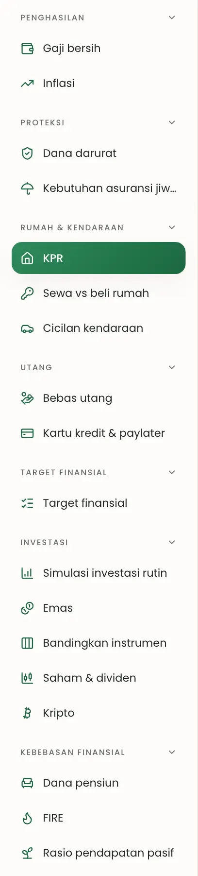 Menu kiri bagian hitungan dari Penghasilan sampai Kebebasan finansial