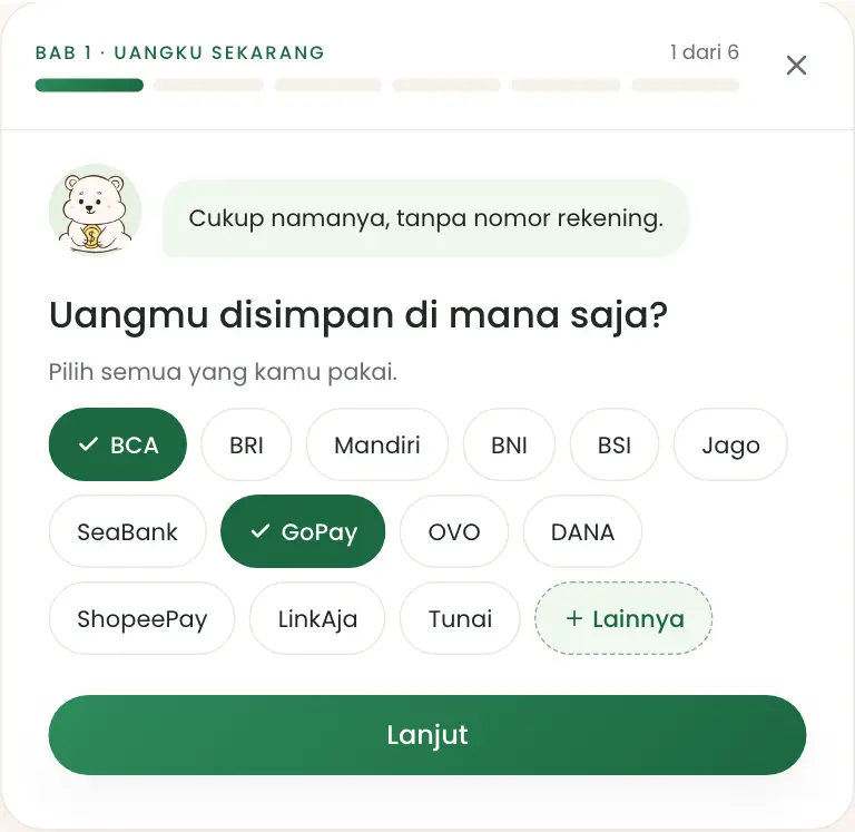 Pilihan bank, e-wallet, dan tunai di Panduan Mulai