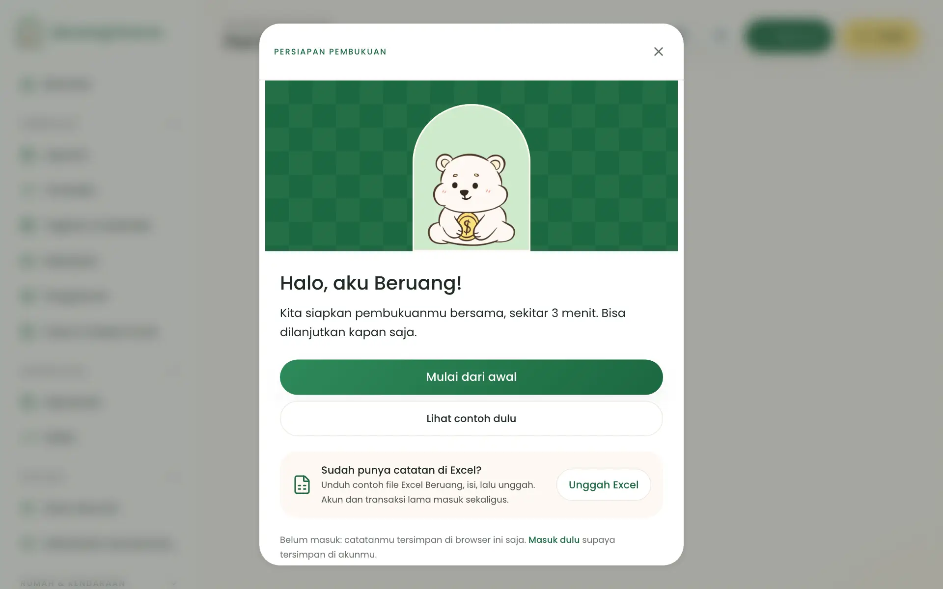 Layar sambutan Panduan Mulai dengan pilihan unggah Excel