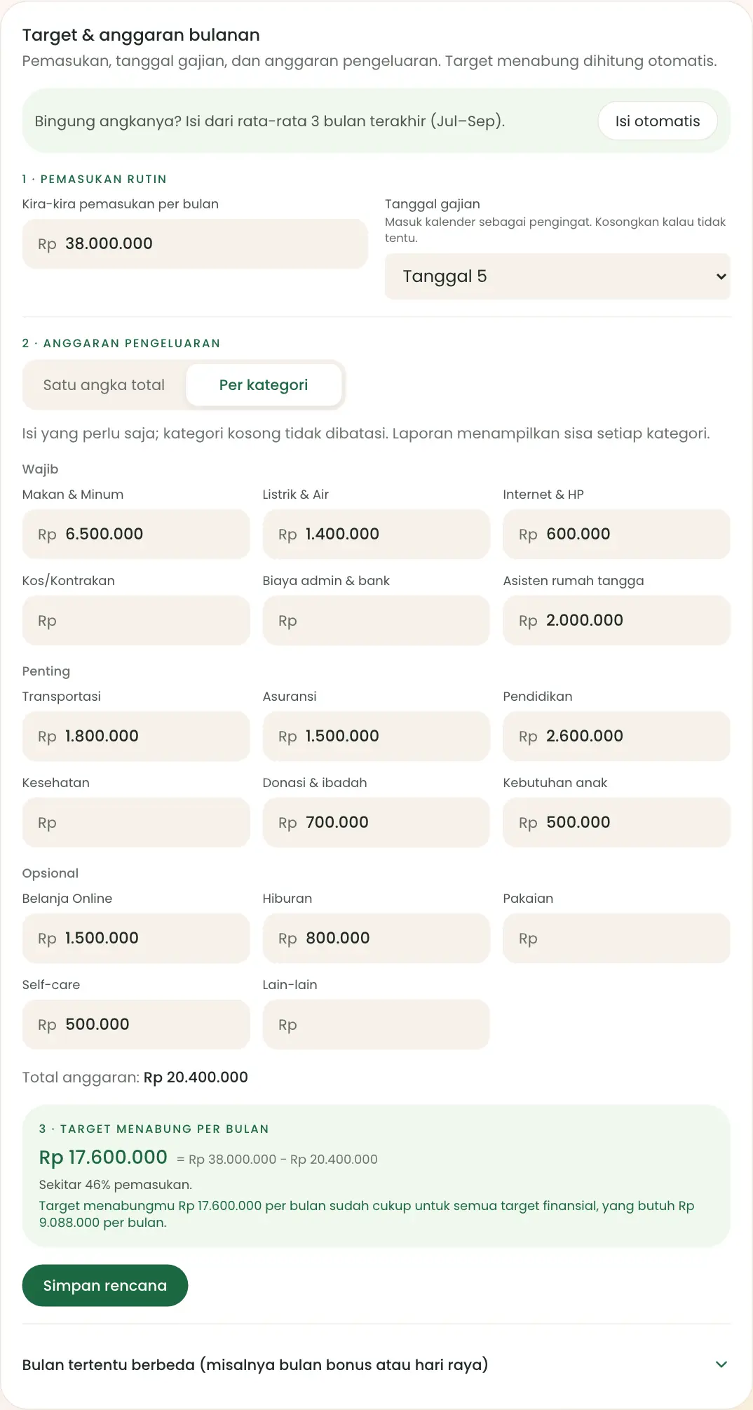 Bagian target dan anggaran bulanan