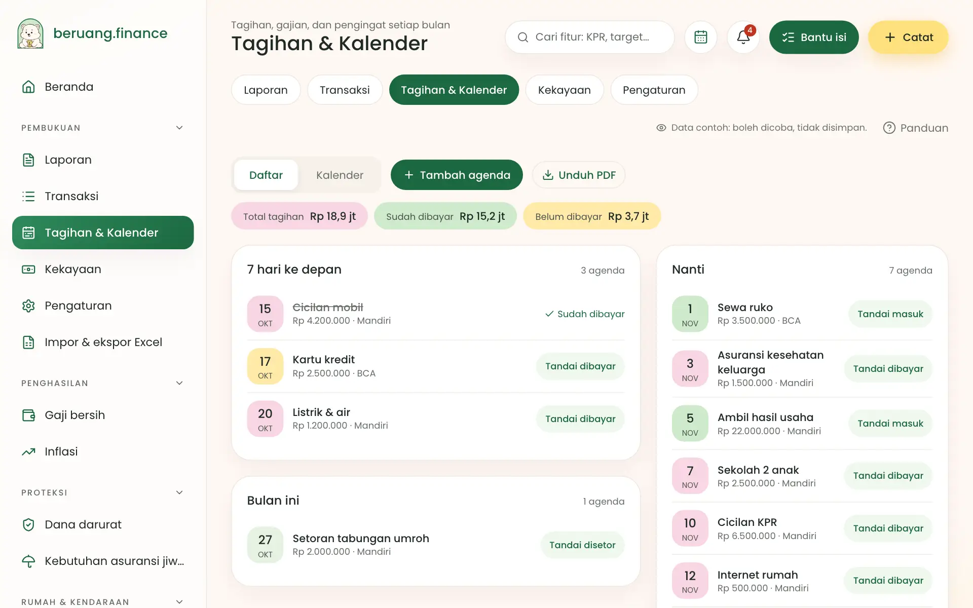 Daftar tagihan dan agenda