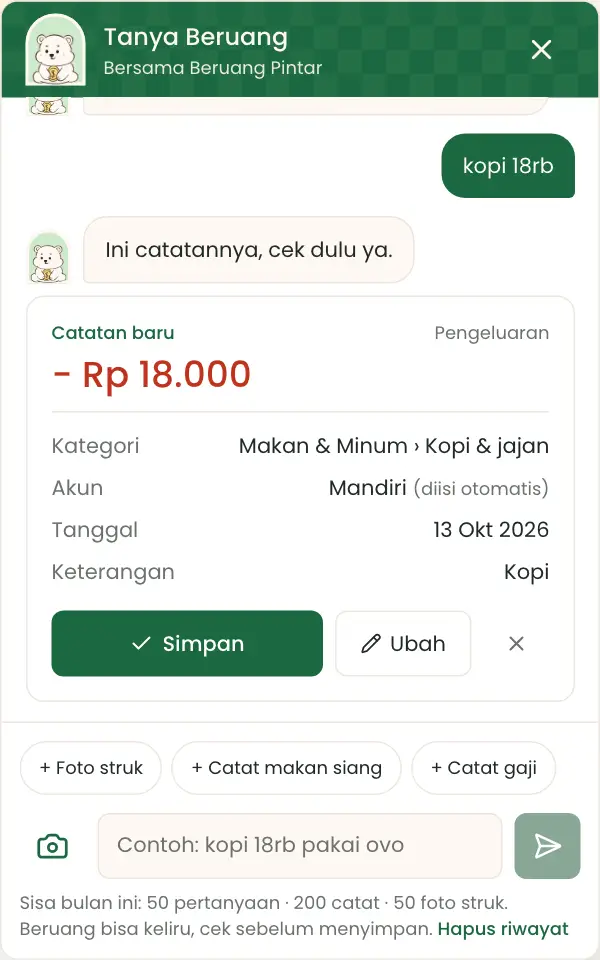 Kartu catatan dari pesan kopi 18rb gopay dengan tombol Simpan