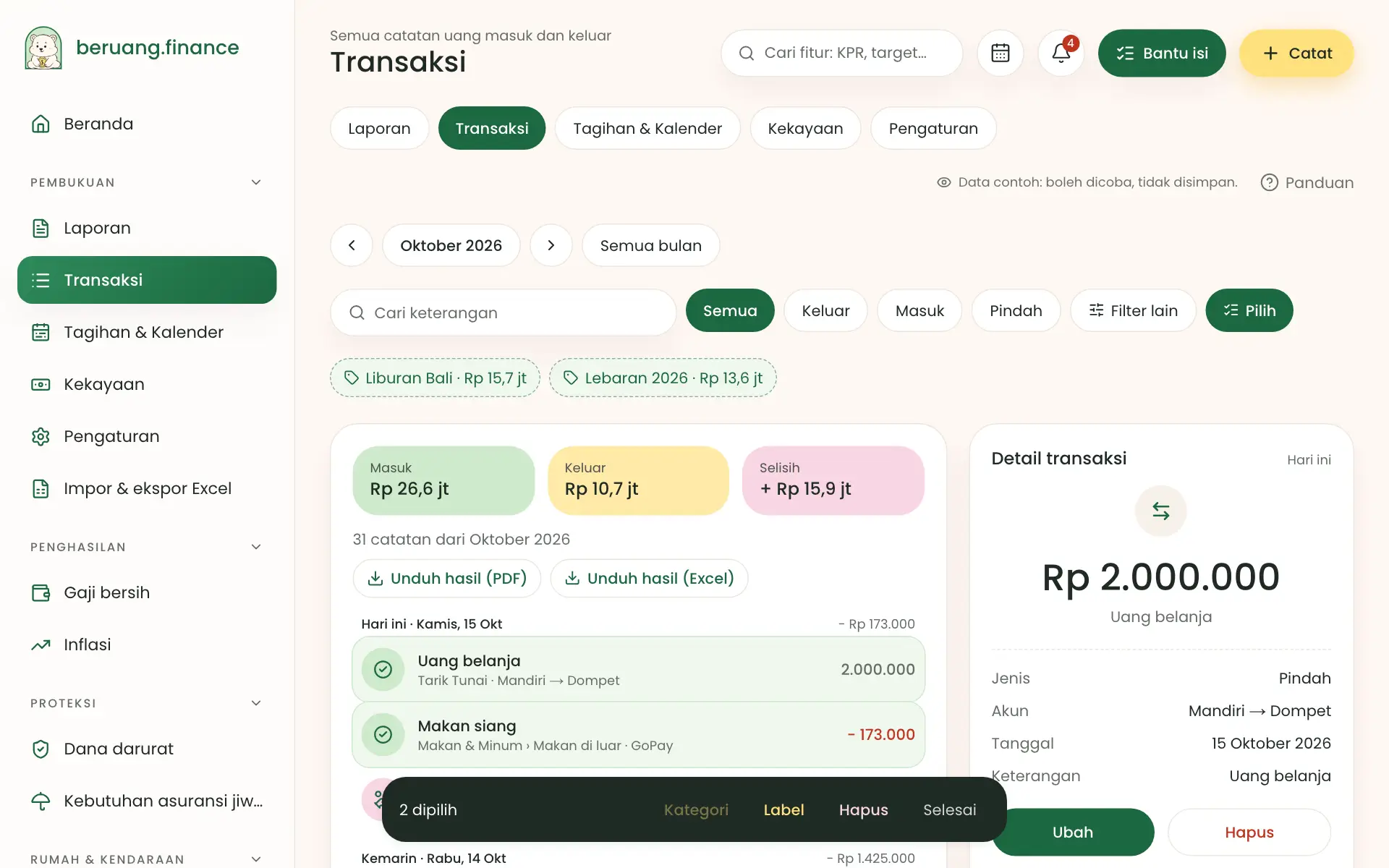 Mode pilih banyak catatan